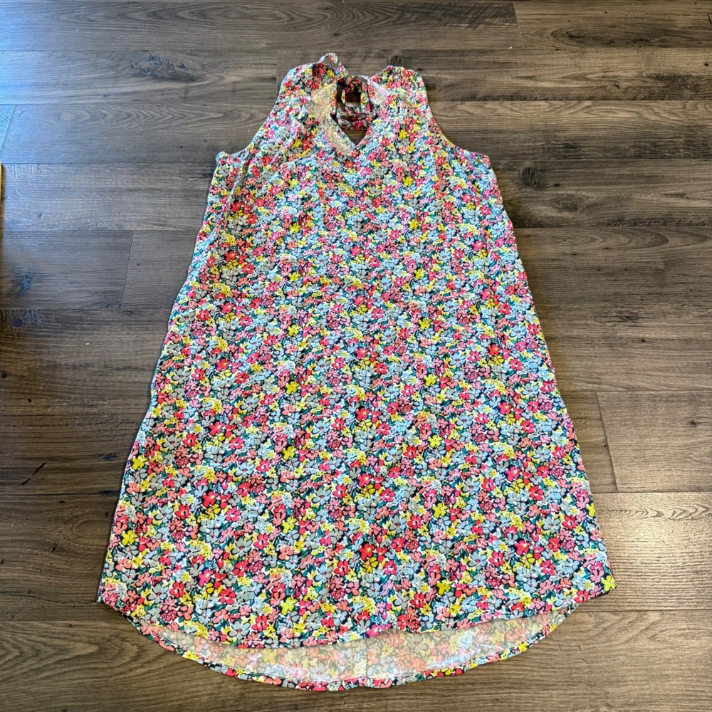 Gap Floral Shift Dress Medium M Pink Blue Ditsy Print Tie Neck Rayon
